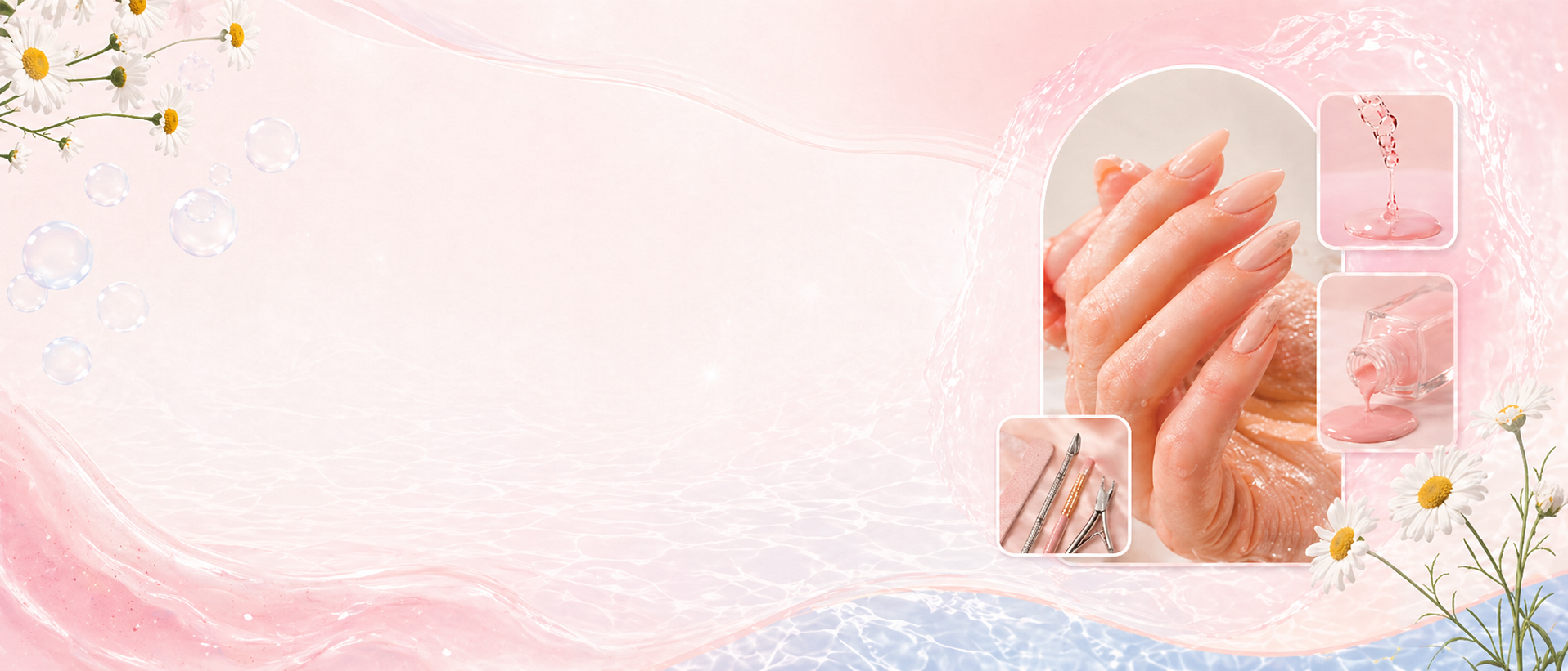 Pink manicure collage with daisies and nail polish